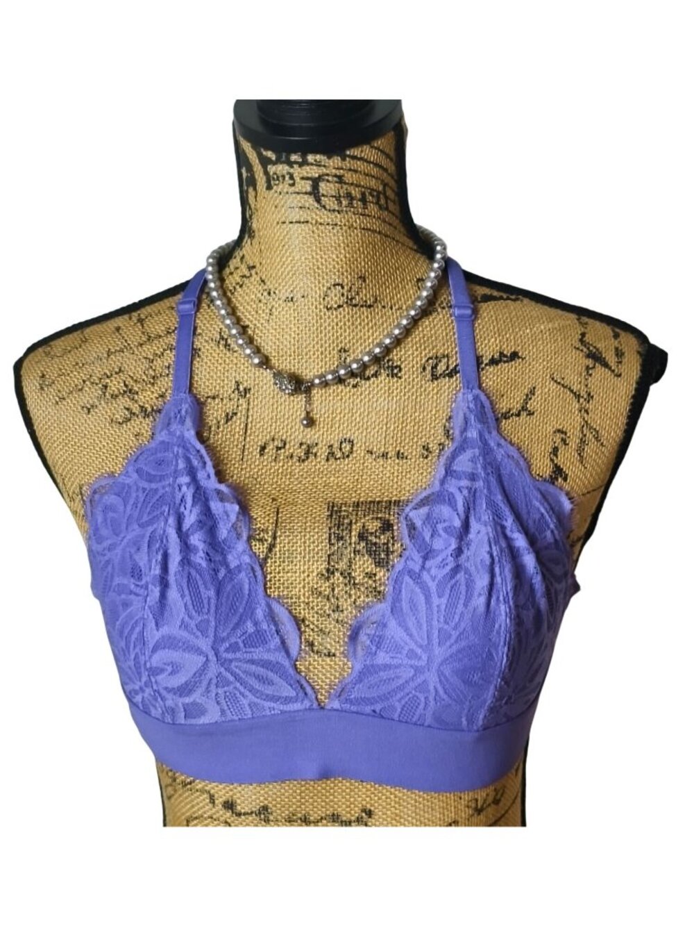 Victorias Secret Pink M Bralette Purple Halter Lace Triangle Floral Racerback
